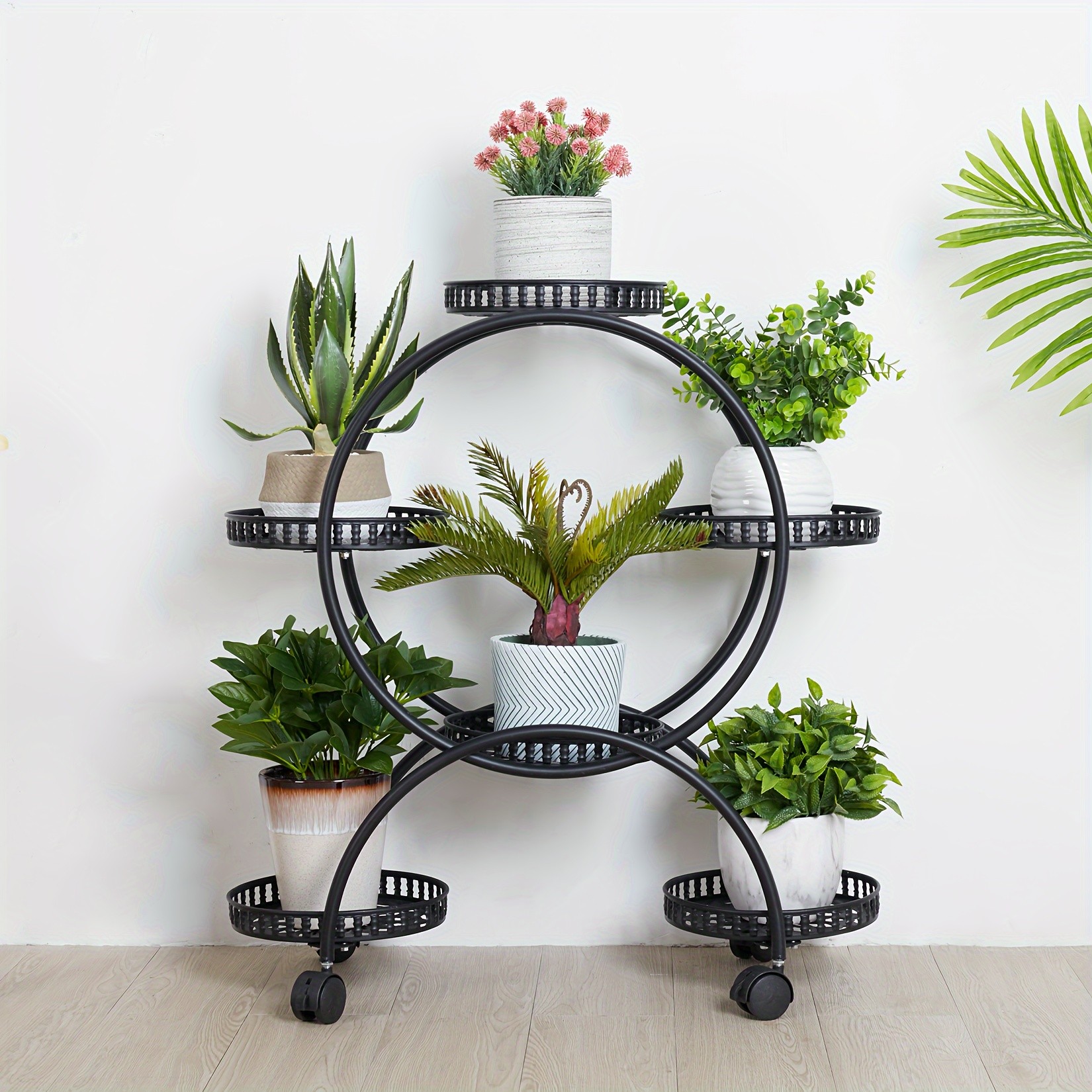 wisfor 6 Pot Metal Plant Stand Multi-Layer, Rolling Plant Rack for Indoor and Outdoor Use
