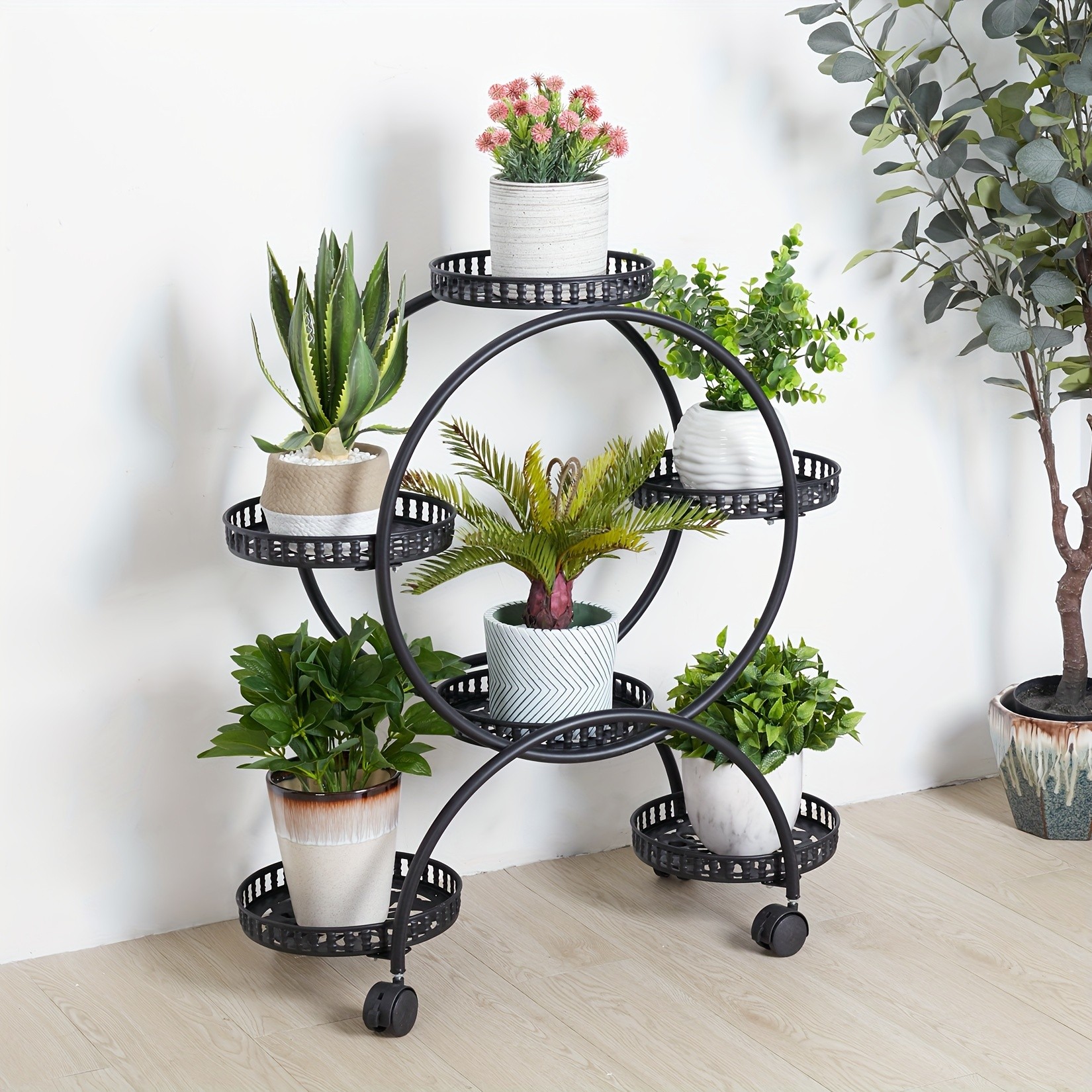 wisfor 6 Pot Metal Plant Stand Multi-Layer, Rolling Plant Rack for Indoor and Outdoor Use