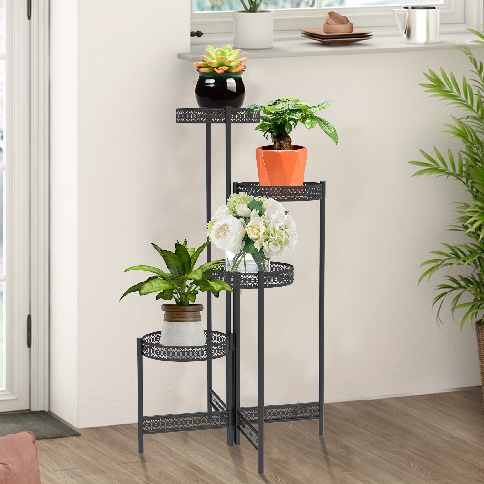wisfor 4-Tier Folding Metal Planter Pots Holder Elegant and Durable Storage for Indoor and Outdoor Plants