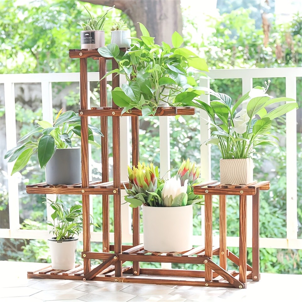 wisfor Sturdy 6-Tier Pine Wood Planter Stand Elegant and Practical Flower Display Rack for Indoor and Outdoor Use