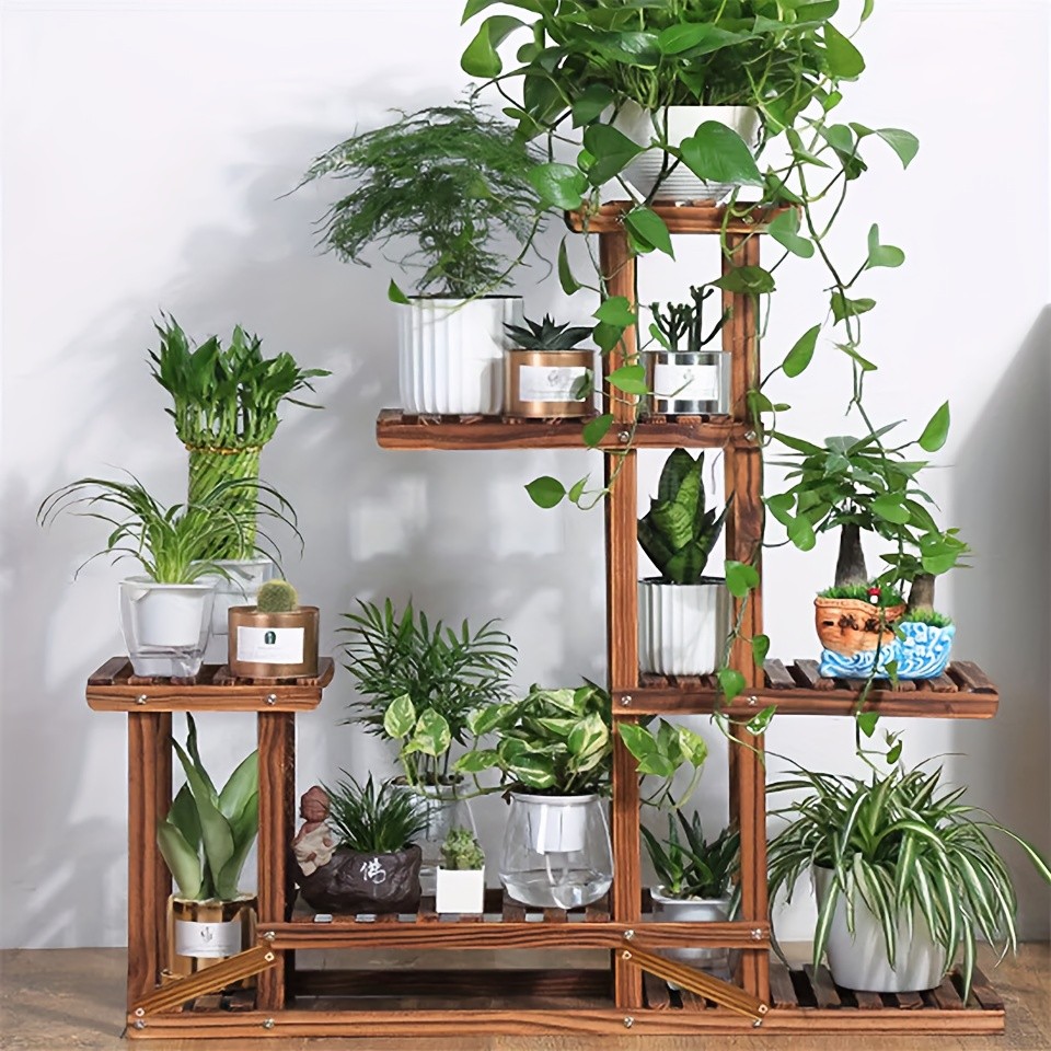 wisfor Sturdy 6-Tier Pine Wood Planter Stand Elegant and Practical Flower Display Rack for Indoor and Outdoor Use
