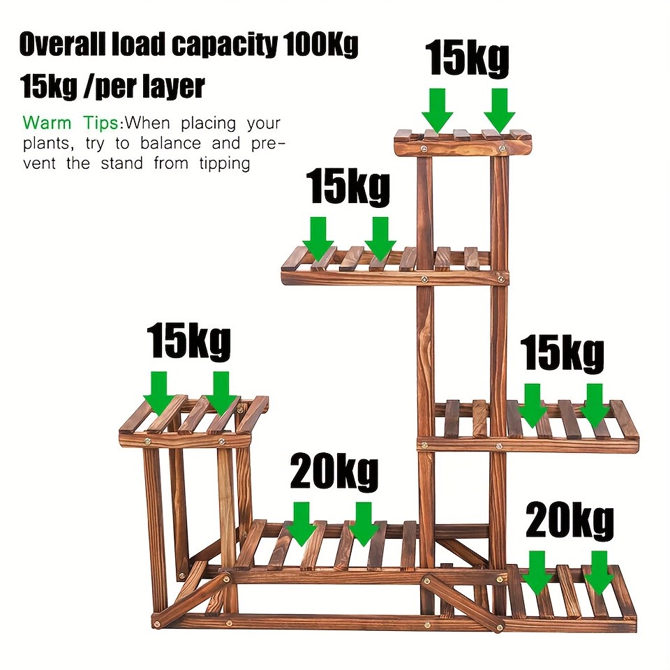 wisfor Sturdy 6-Tier Pine Wood Planter Stand Elegant and Practical Flower Display Rack for Indoor and Outdoor Use