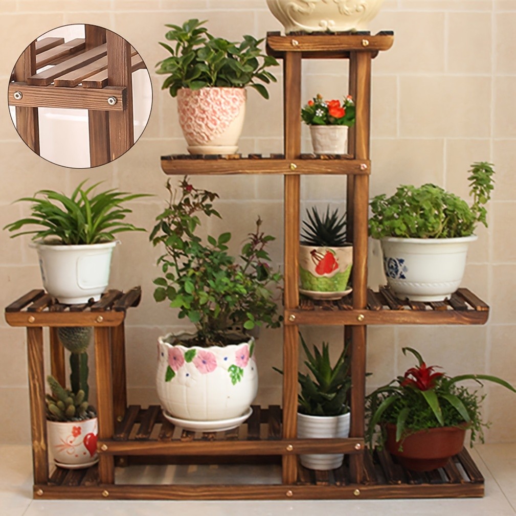 wisfor Sturdy 6-Tier Pine Wood Planter Stand Elegant and Practical Flower Display Rack for Indoor and Outdoor Use