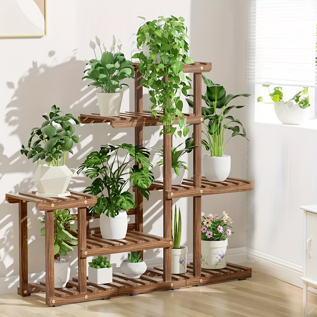 wisfor Sturdy 6-Tier Pine Wood Planter Stand Elegant and Practical Flower Display Rack for Indoor and Outdoor Use