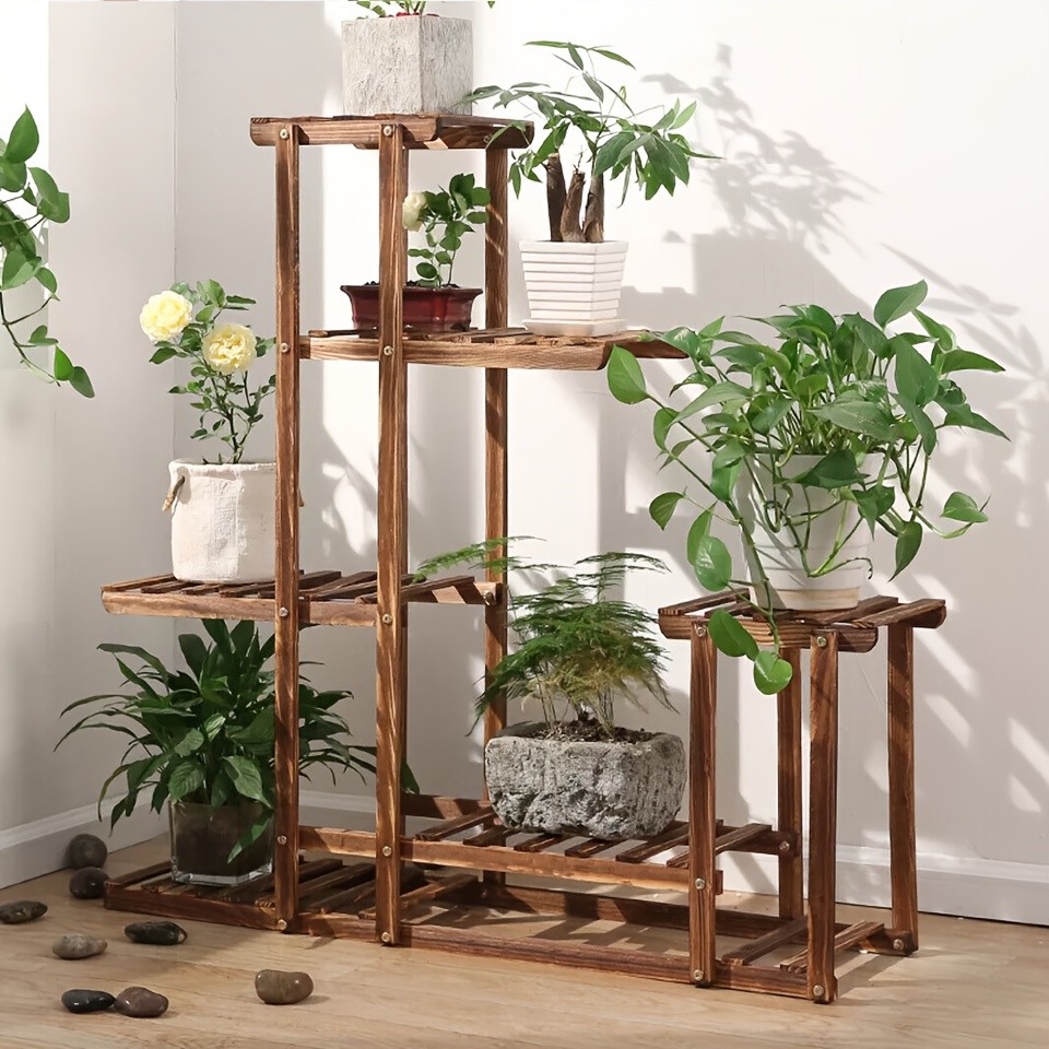wisfor Sturdy 6-Tier Pine Wood Planter Stand Elegant and Practical Flower Display Rack for Indoor and Outdoor Use