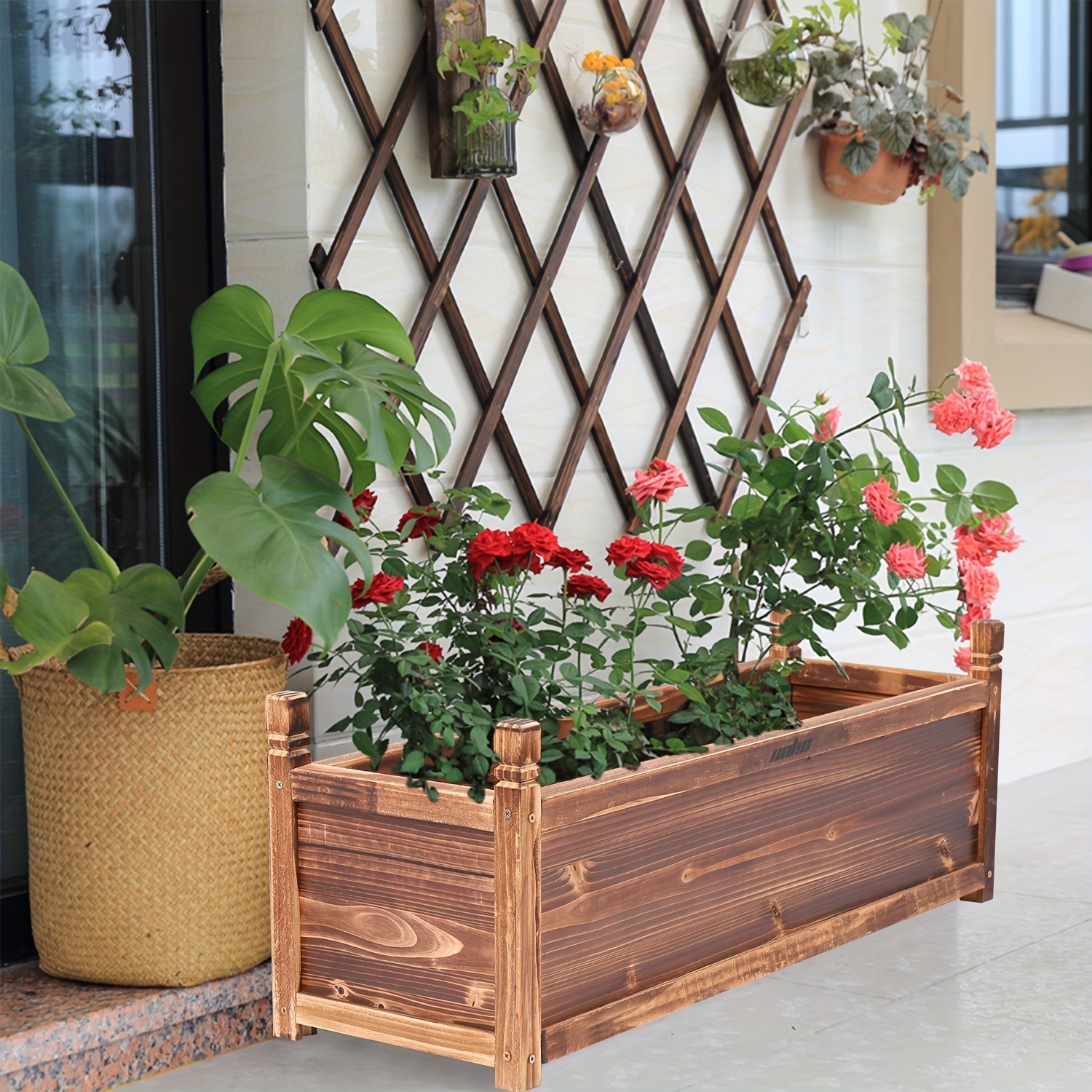 wisfor Sturdy Pine Wood Planter Box for Garden Rustic Striped Design for Your Plants