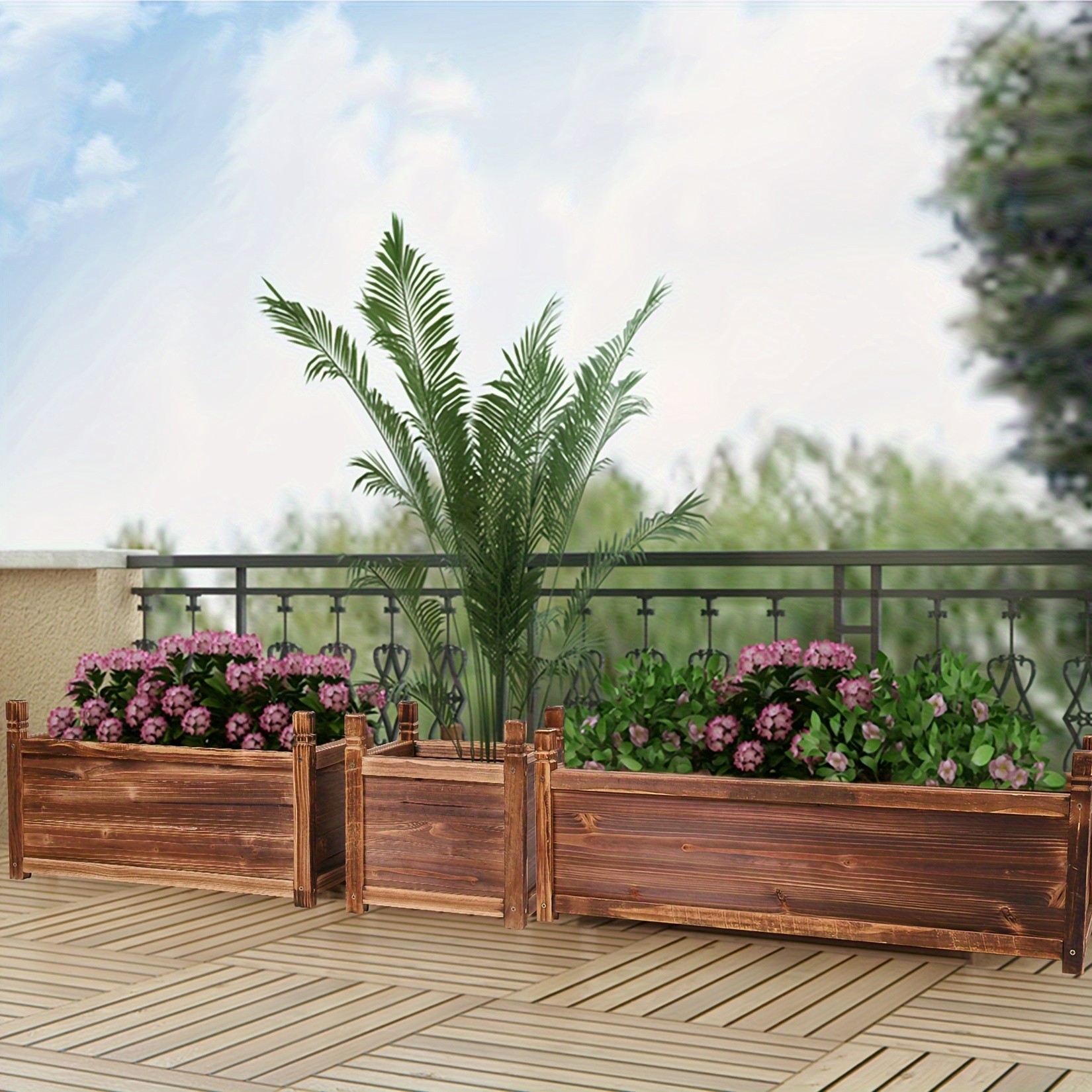 wisfor Sturdy Pine Wood Planter Box for Garden Rustic Striped Design for Your Plants