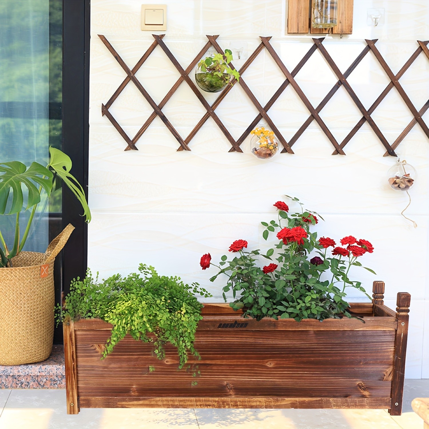 wisfor Sturdy Pine Wood Planter Box for Garden Rustic Striped Design for Your Plants