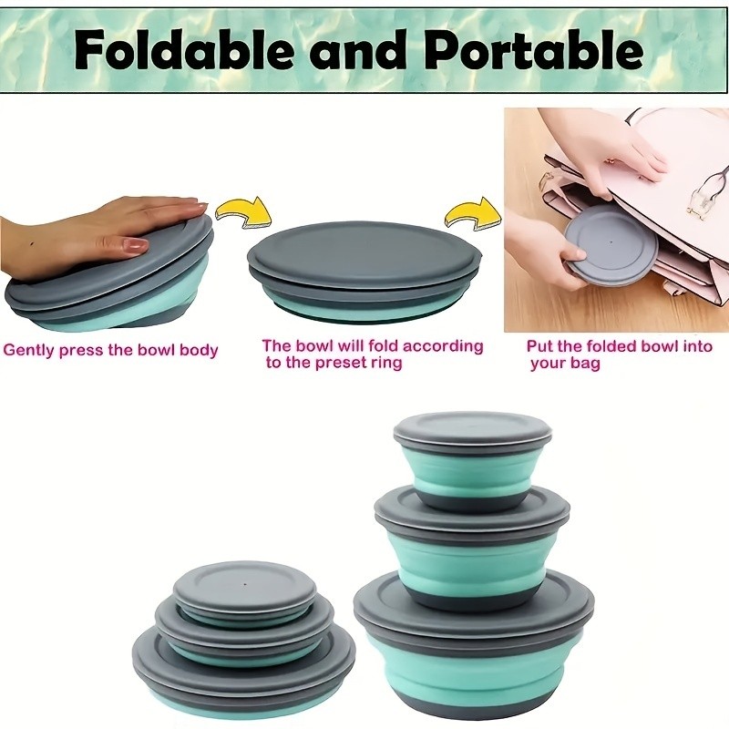 FARIDABIO Silicone Folding Bowls with Lid Portable and Expandable Food Storage for Outdoor Adventures