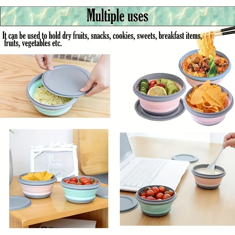 FARIDABIO Silicone Folding Bowls with Lid Portable and Expandable Food Storage for Outdoor Adventures