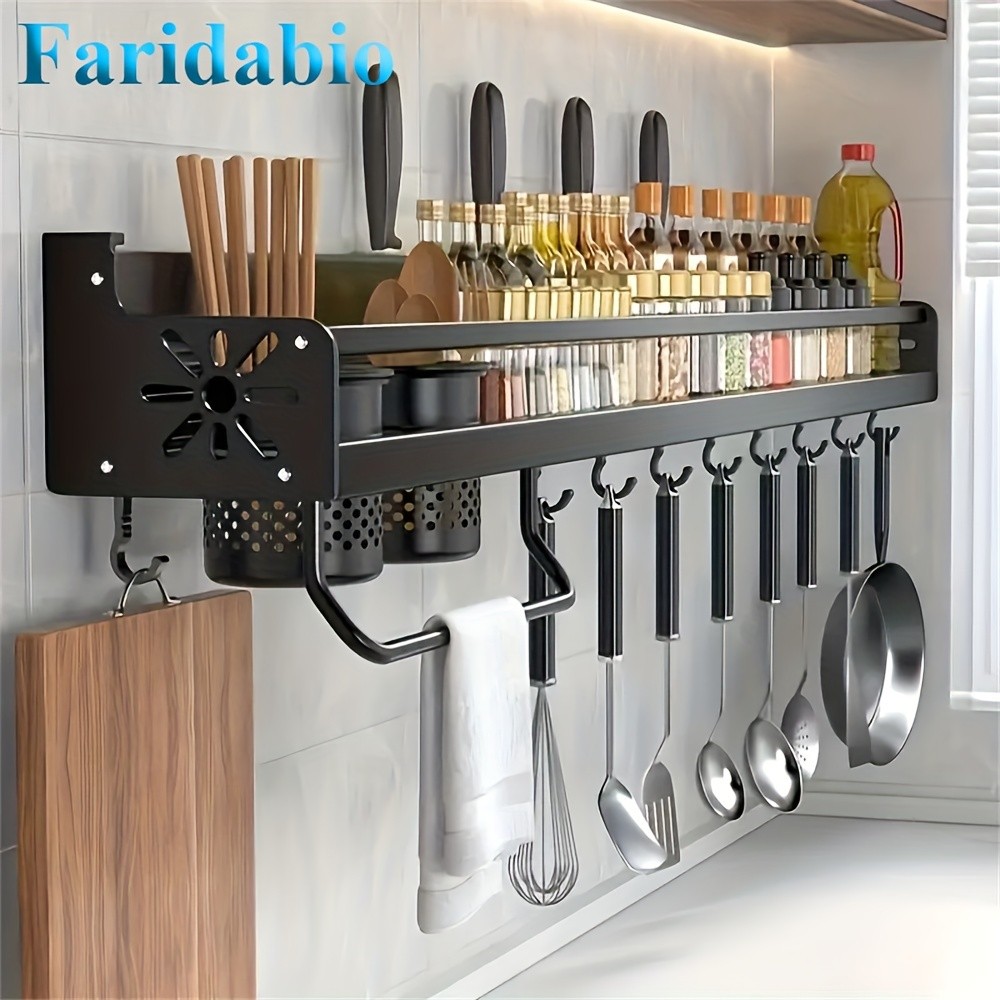 FARIDABIO Varnished Metal Hanging Shelf Wall-Mounted Kitchen Utensil Rack with Hooks
