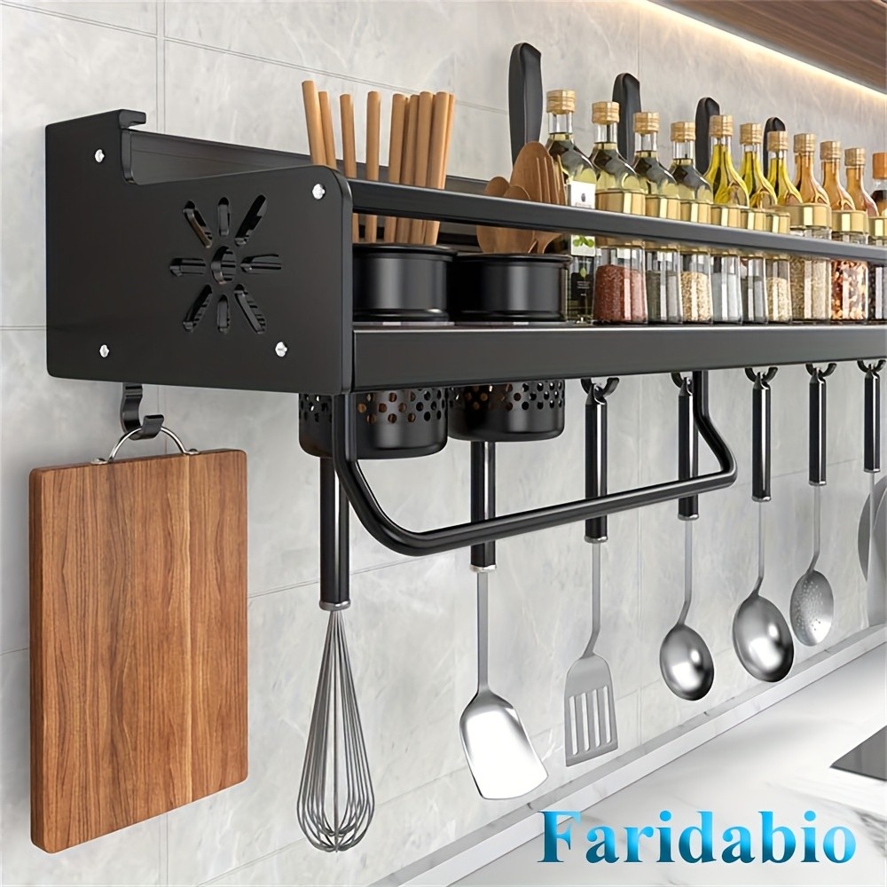 FARIDABIO Varnished Metal Hanging Shelf Wall-Mounted Kitchen Utensil Rack with Hooks