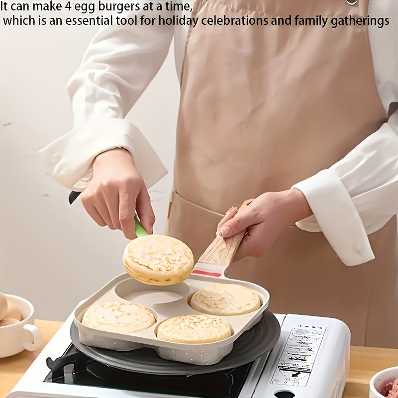FARIDABIO 4-Holes Frying Pan with Lid Non-Stick Egg and Burger Cooking Pan with Wooden Handle