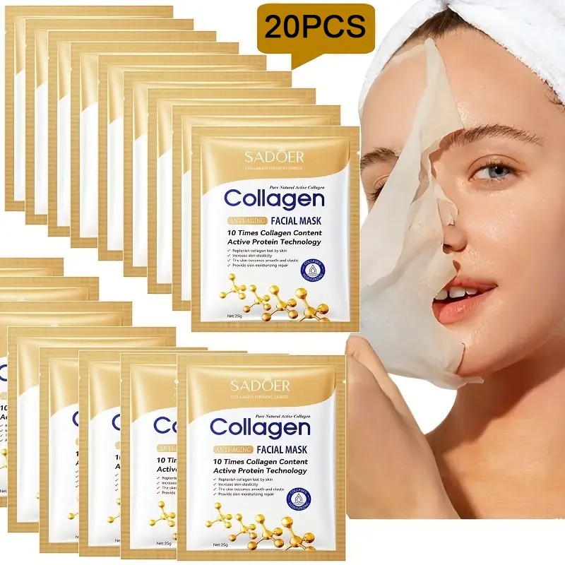 SADOER 20-Pack Collagen Face Mask with 95% Pure Collagen Formula Deep Hydration & Instant Glow with Collagen-Infused Skincare