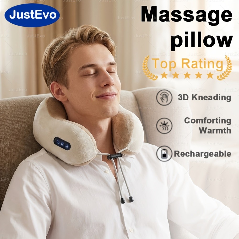 JUSTEVO 3D Kneading Neck Massage Pillow Extra-Thick Memory Foam for Ultimate Comfort and Relaxation