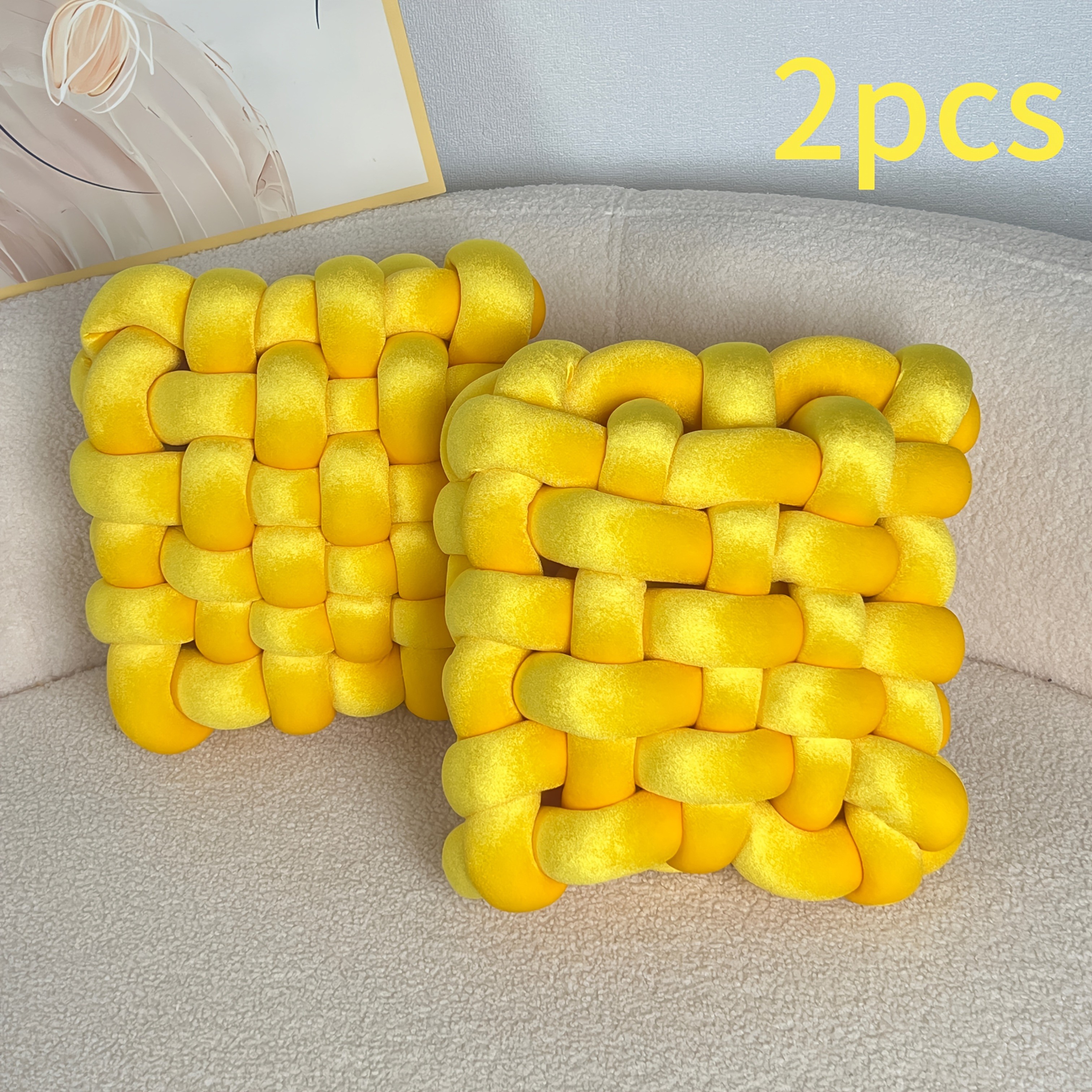 YLBKIKR 2pcs Set of Golden Velvet Hand-Knotted Square Decorative Pillows Luxurious Cushions for Sofa, Bed, and Office Decor