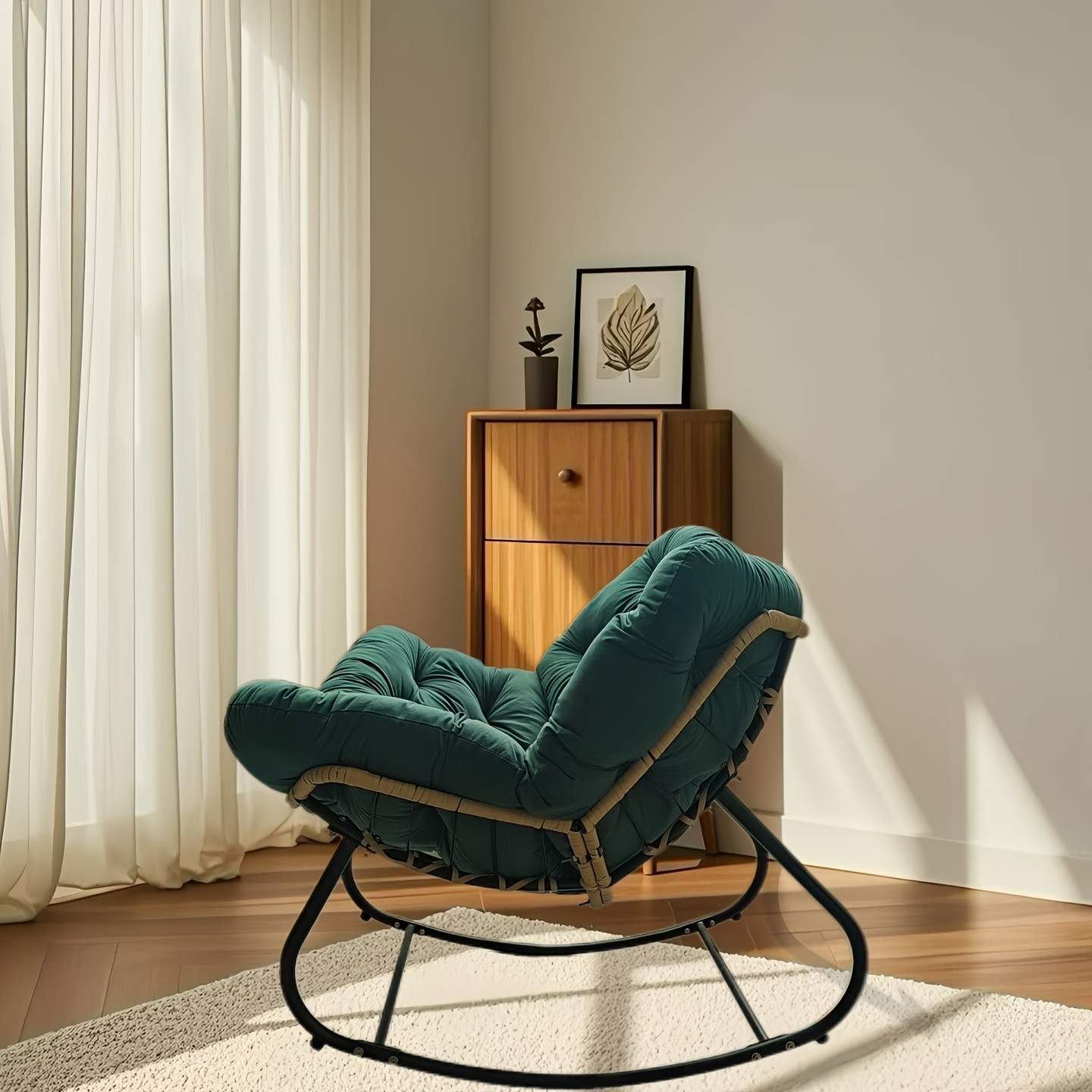 YLBKIKR Outdoor/Indoor Rocking Chair Heavy-Duty Wicker & Metal Frame with Plush Padding for Patio, Porch, and Garden Comfort
