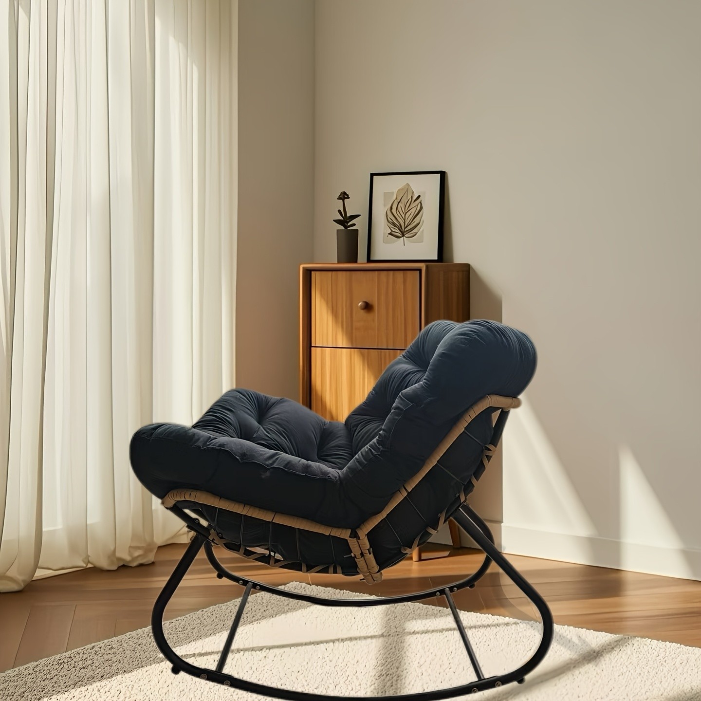 YLBKIKR Outdoor/Indoor Rocking Chair Heavy-Duty Wicker & Metal Frame with Plush Padding for Patio, Porch, and Garden Comfort