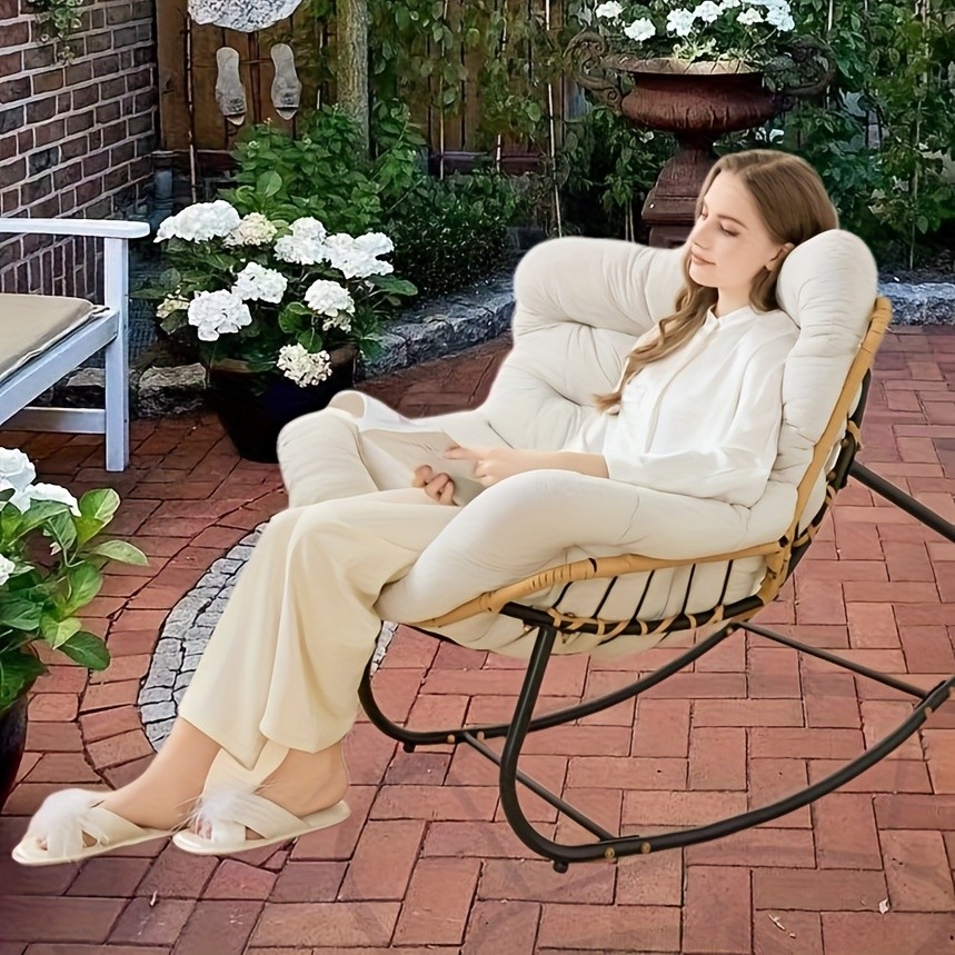YLBKIKR Outdoor/Indoor Rocking Chair Heavy-Duty Wicker & Metal Frame with Plush Padding for Patio, Porch, and Garden Comfort