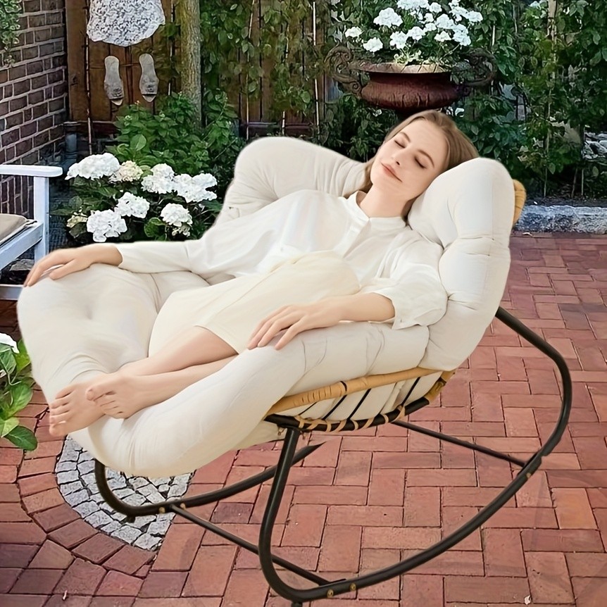 YLBKIKR Outdoor/Indoor Rocking Chair Heavy-Duty Wicker & Metal Frame with Plush Padding for Patio, Porch, and Garden Comfort