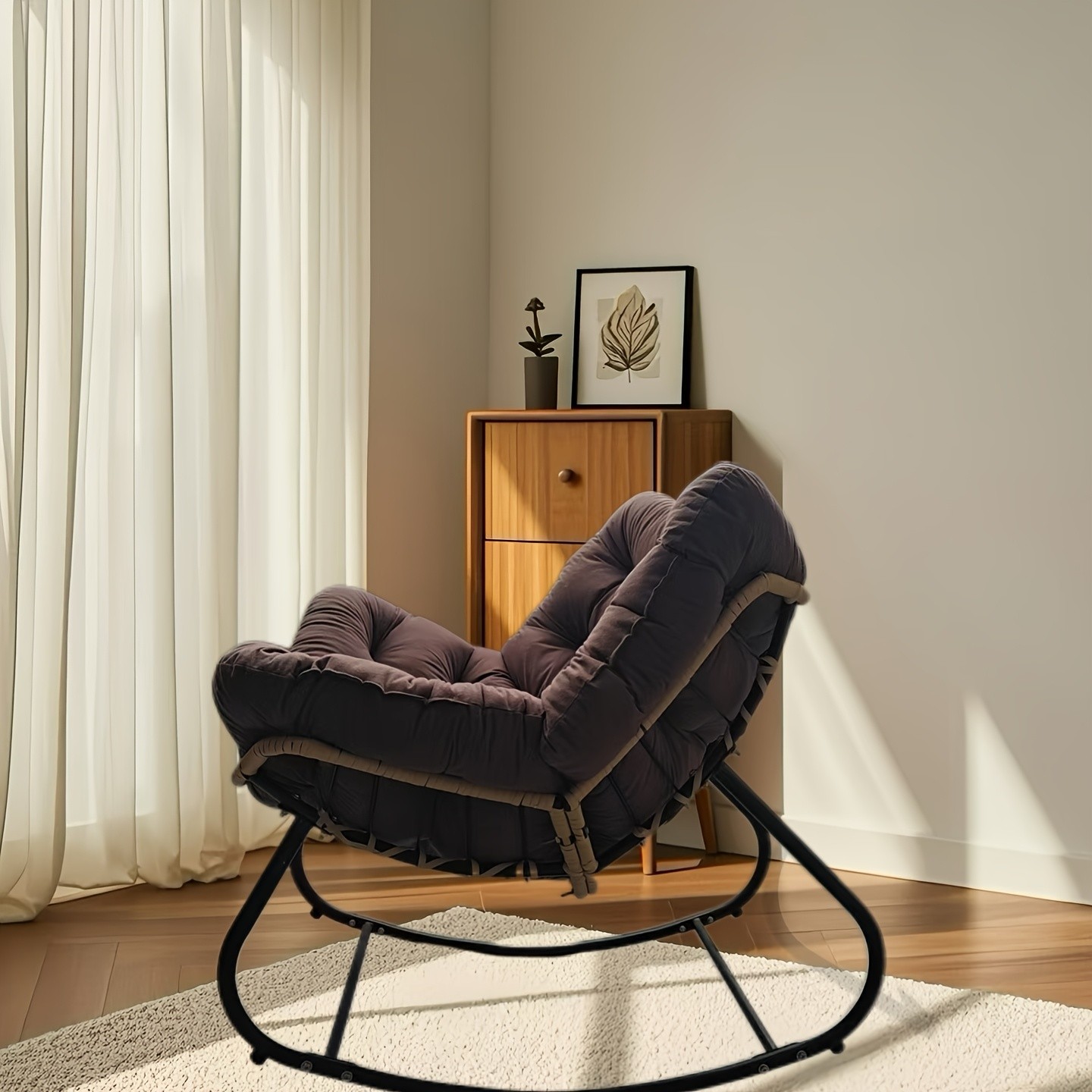 YLBKIKR Outdoor/Indoor Rocking Chair Heavy-Duty Wicker & Metal Frame with Plush Padding for Patio, Porch, and Garden Comfort