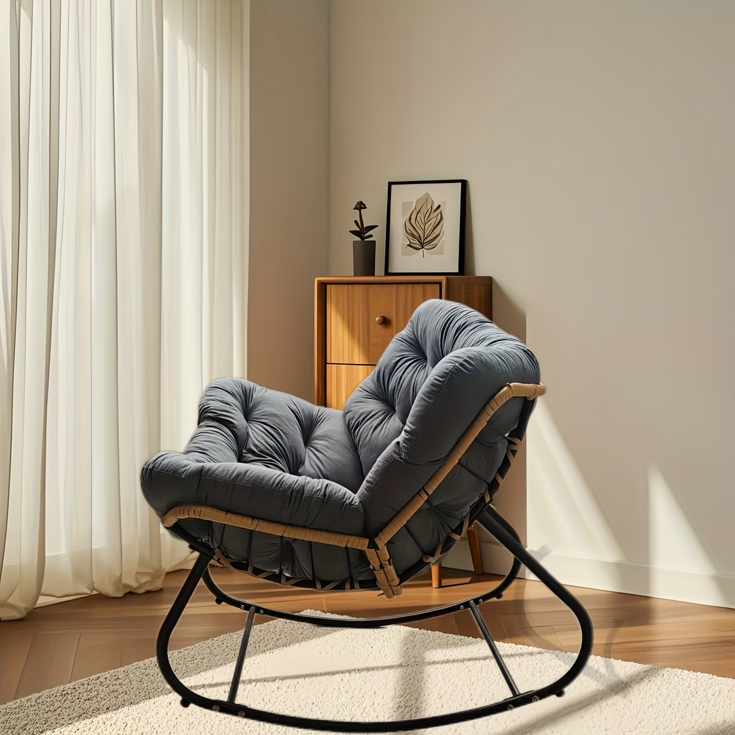 YLBKIKR Outdoor/Indoor Rocking Chair Heavy-Duty Wicker & Metal Frame with Plush Padding for Patio, Porch, and Garden Comfort
