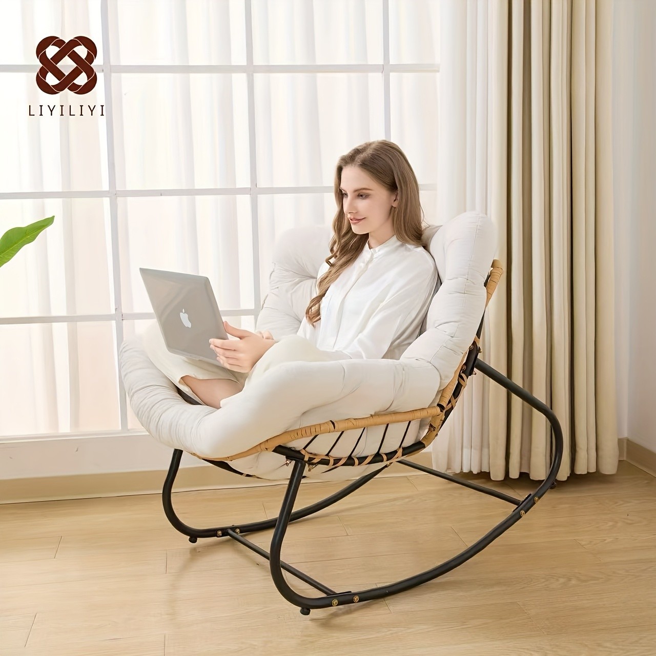 YLBKIKR Outdoor/Indoor Rocking Chair Heavy-Duty Wicker & Metal Frame with Plush Padding for Patio, Porch, and Garden Comfort