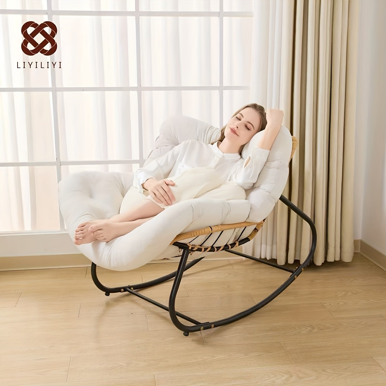 YLBKIKR Outdoor/Indoor Rocking Chair Heavy-Duty Wicker & Metal Frame with Plush Padding for Patio, Porch, and Garden Comfort
