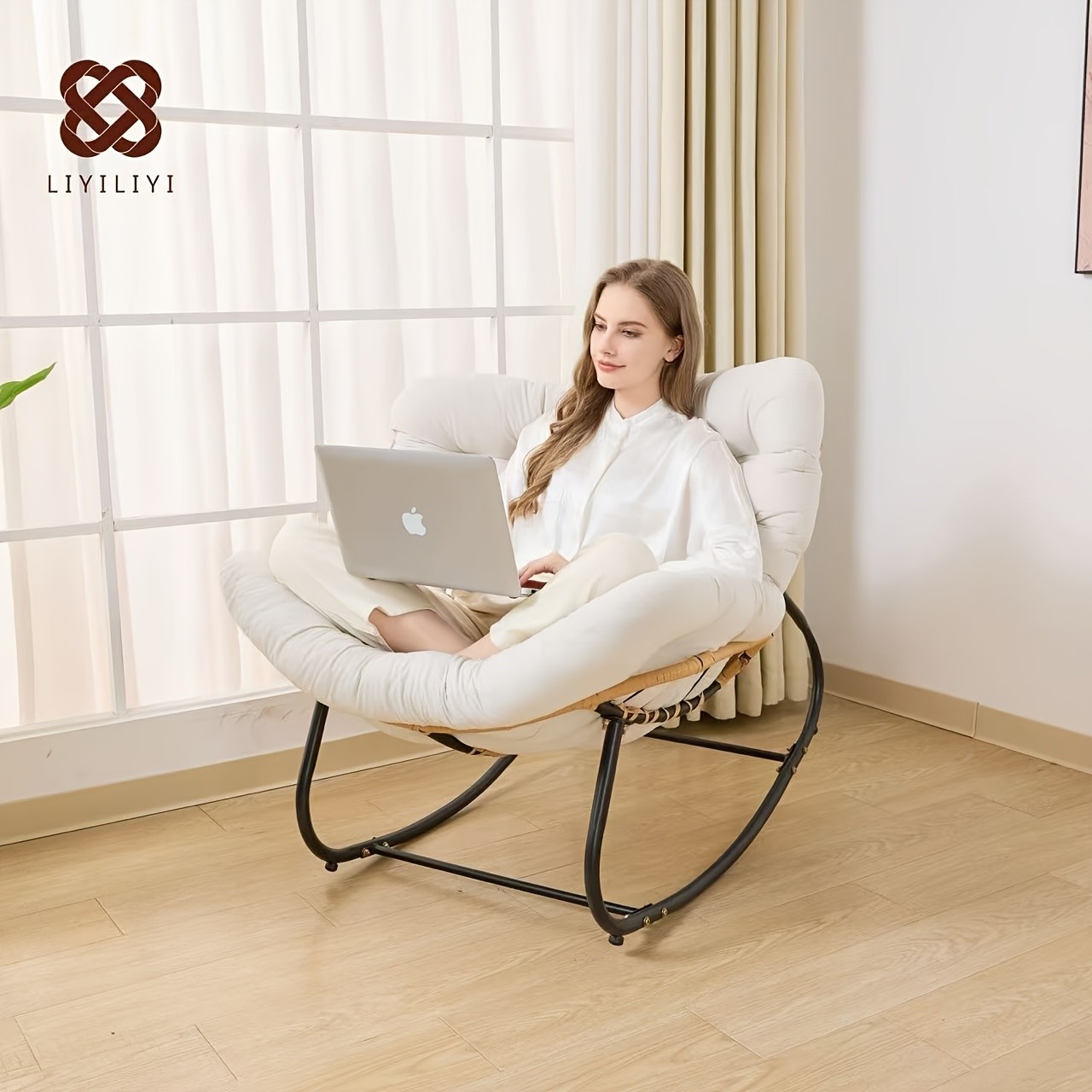 YLBKIKR Outdoor/Indoor Rocking Chair Heavy-Duty Wicker & Metal Frame with Plush Padding for Patio, Porch, and Garden Comfort