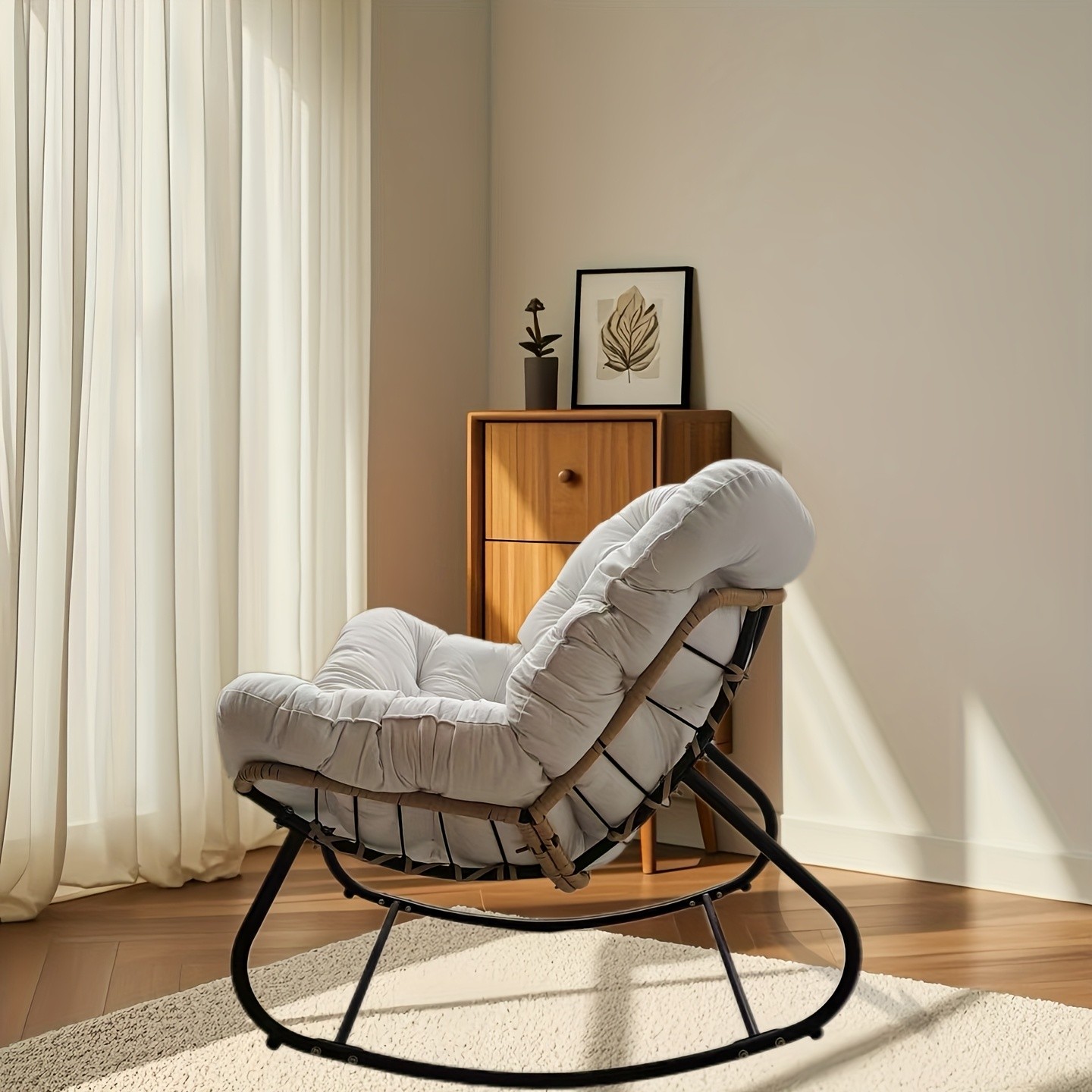 YLBKIKR Outdoor/Indoor Rocking Chair Heavy-Duty Wicker & Metal Frame with Plush Padding for Patio, Porch, and Garden Comfort