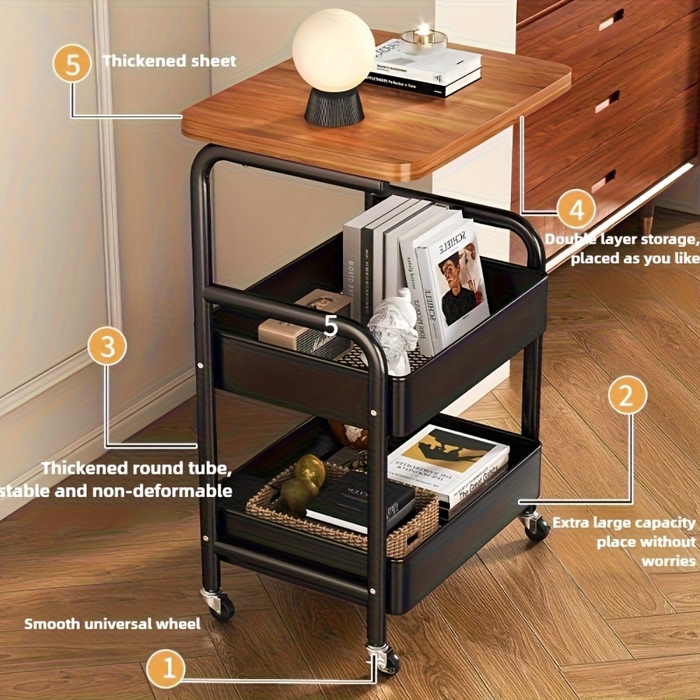 HAOZCL 3-Tier Rolling Cart with Tabletop  Durable Carbon Steel Frame for Easy Mobility and Versatile Storage