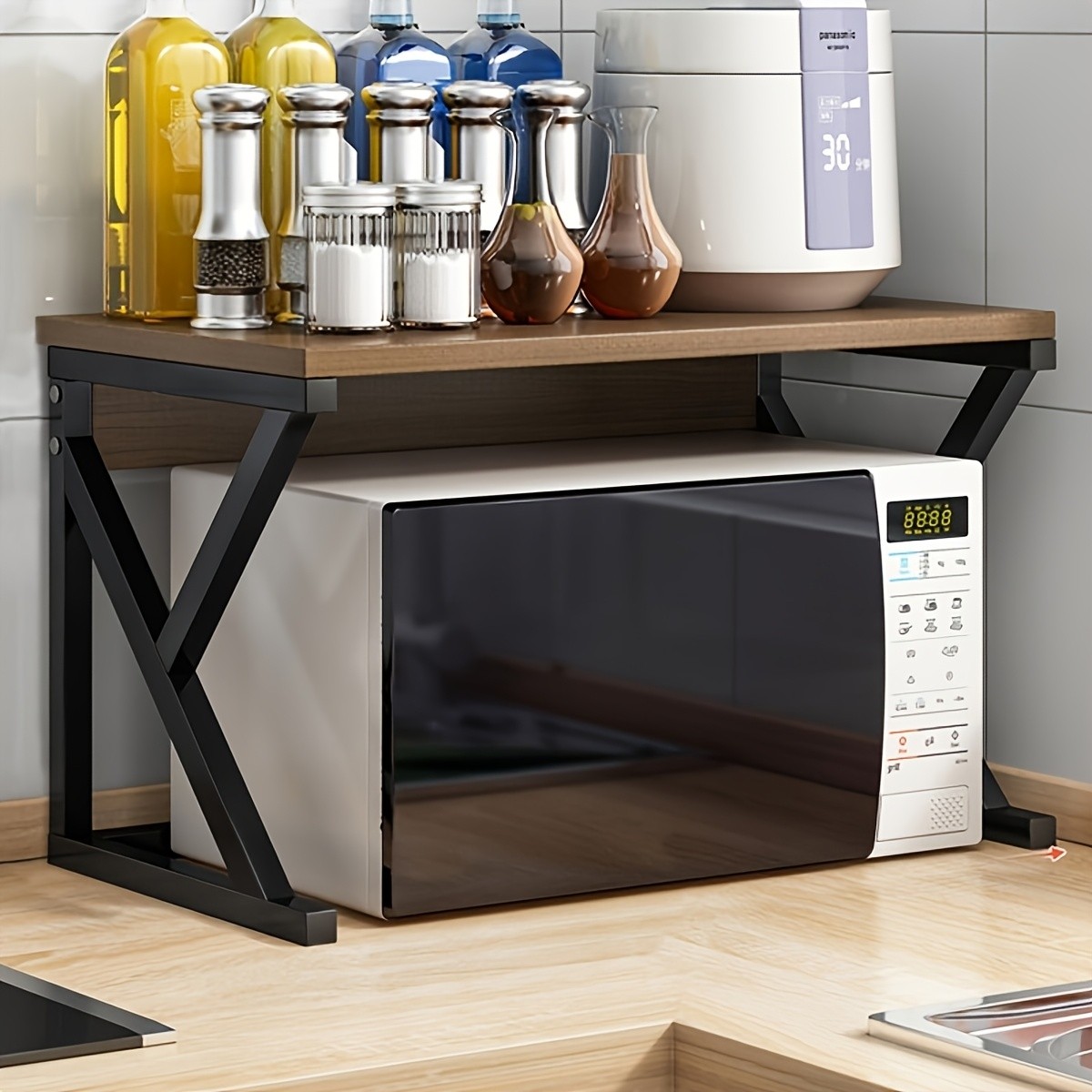 HAOZCL Modern Wooden & Metal Kitchen Cart with 2-Tier Shelves Sleek Countertop Storage Rack for Microwave, Coffee Maker, and Spice Jars