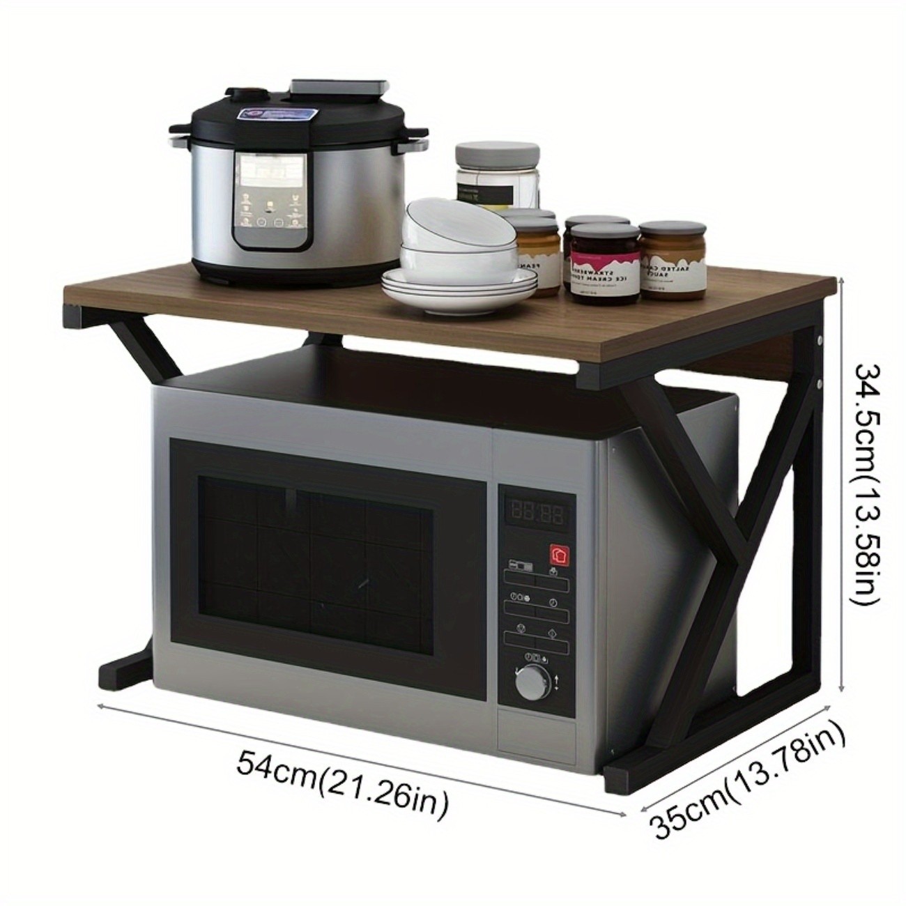 HAOZCL Modern Wooden & Metal Kitchen Cart with 2-Tier Shelves Sleek Countertop Storage Rack for Microwave, Coffee Maker, and Spice Jars