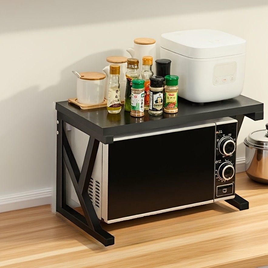 HAOZCL Modern Wooden & Metal Kitchen Cart with 2-Tier Shelves Sleek Countertop Storage Rack for Microwave, Coffee Maker, and Spice Jars