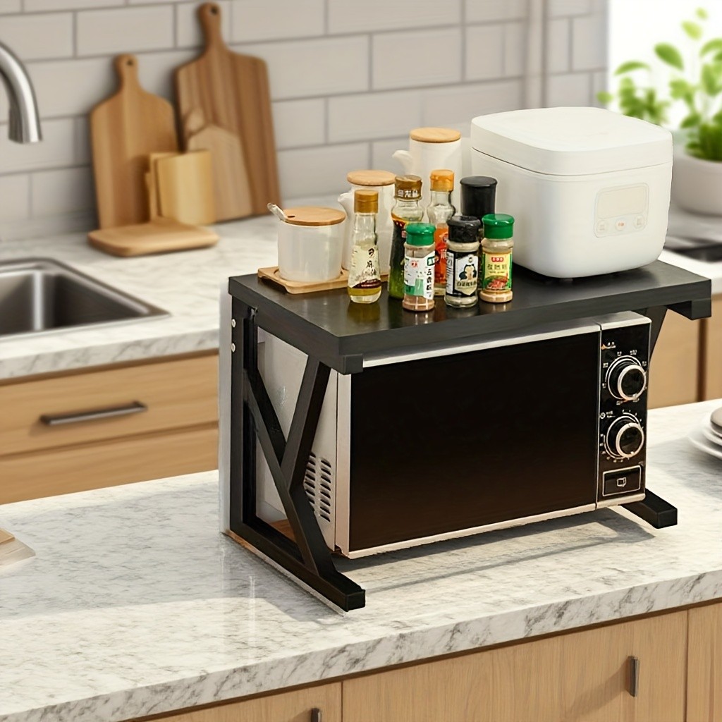 HAOZCL Modern Wooden & Metal Kitchen Cart with 2-Tier Shelves Sleek Countertop Storage Rack for Microwave, Coffee Maker, and Spice Jars