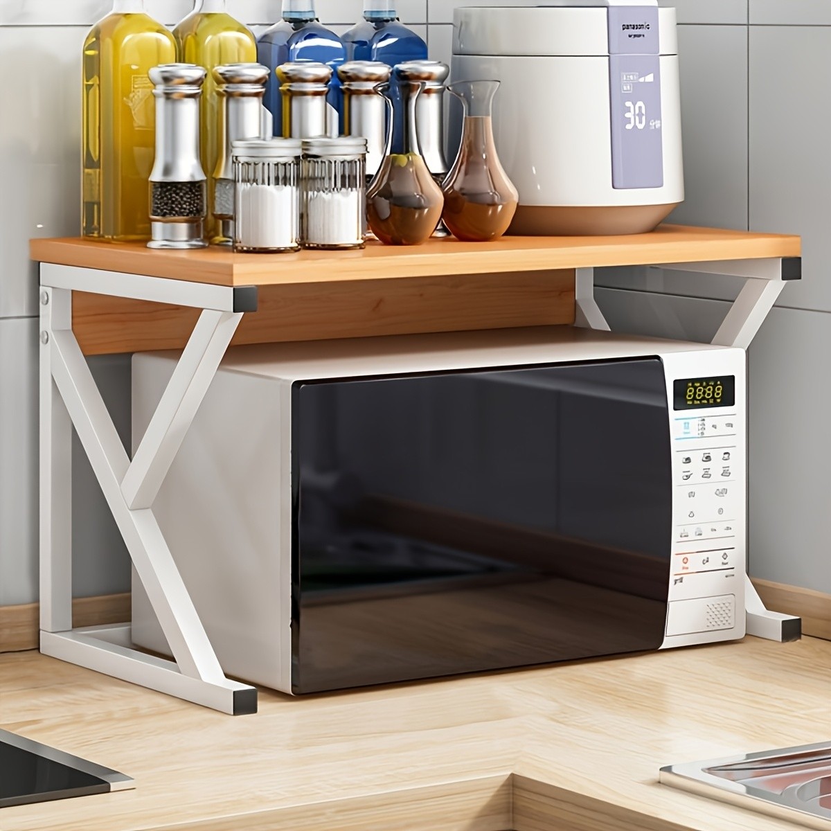 HAOZCL Modern Wooden & Metal Kitchen Cart with 2-Tier Shelves Sleek Countertop Storage Rack for Microwave, Coffee Maker, and Spice Jars