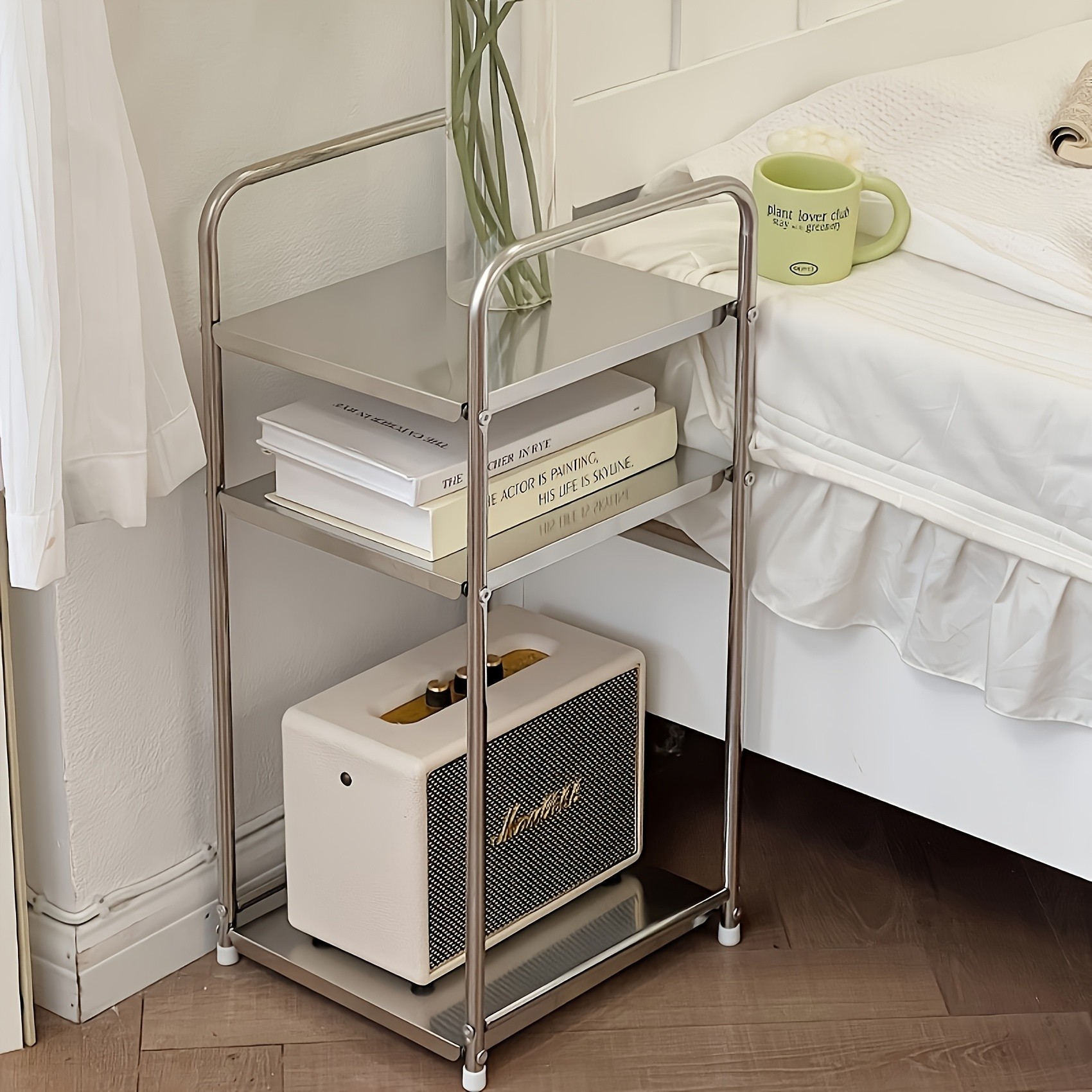 HAOZCL Three-Level Stainless Steel Side Table Industrial Design Storage Shelf for Living Room, Bedroom, and More