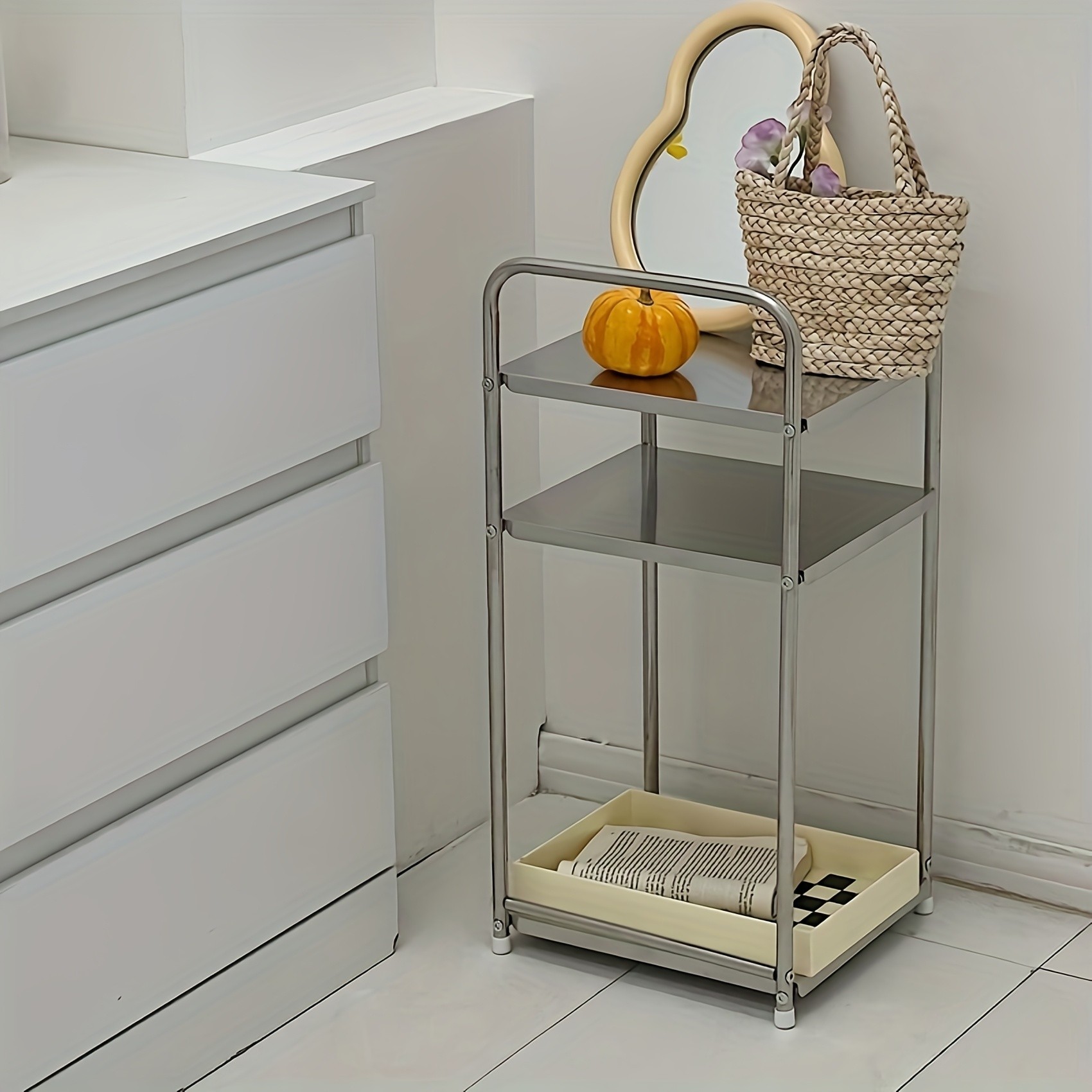 HAOZCL Three-Level Stainless Steel Side Table Industrial Design Storage Shelf for Living Room, Bedroom, and More