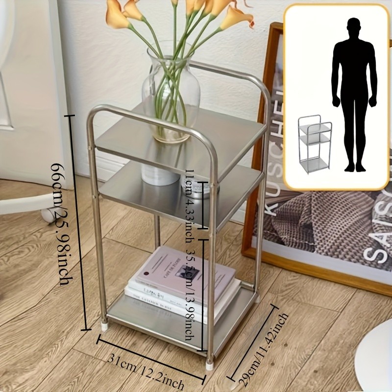 HAOZCL Three-Level Stainless Steel Side Table Industrial Design Storage Shelf for Living Room, Bedroom, and More