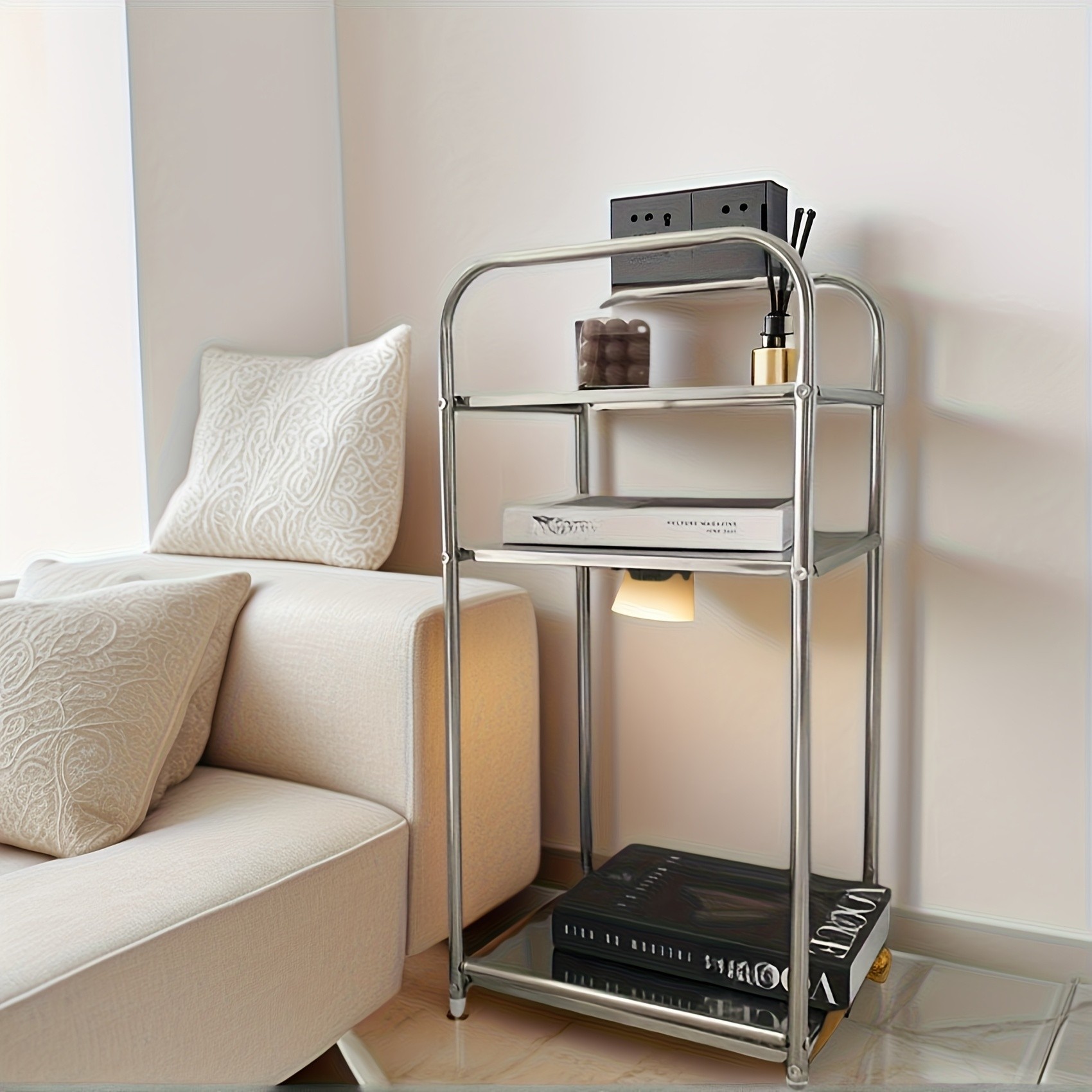 HAOZCL Three-Level Stainless Steel Side Table Industrial Design Storage Shelf for Living Room, Bedroom, and More