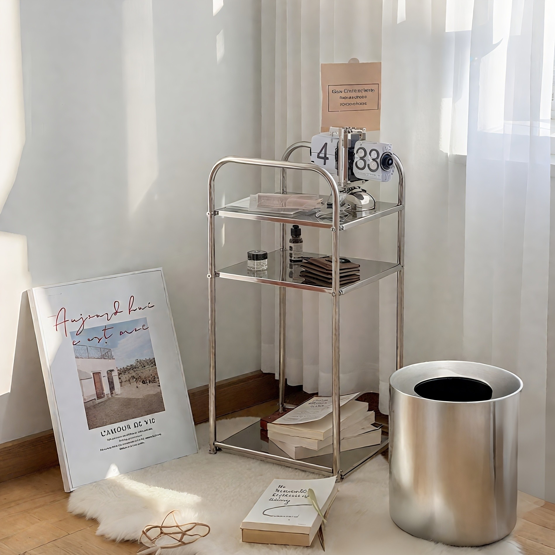 HAOZCL Three-Level Stainless Steel Side Table Industrial Design Storage Shelf for Living Room, Bedroom, and More