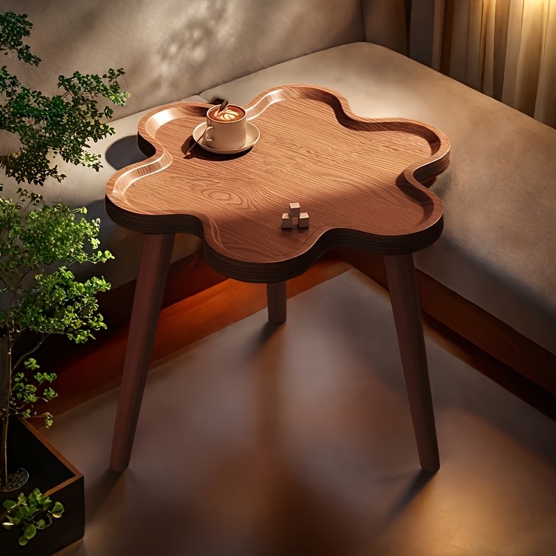 HAOZCL Round Side Table with Storage Rack Vintage Hardwood Coffee Table with Geometric Pattern Top for Living Room, Bedroom, and Balcony