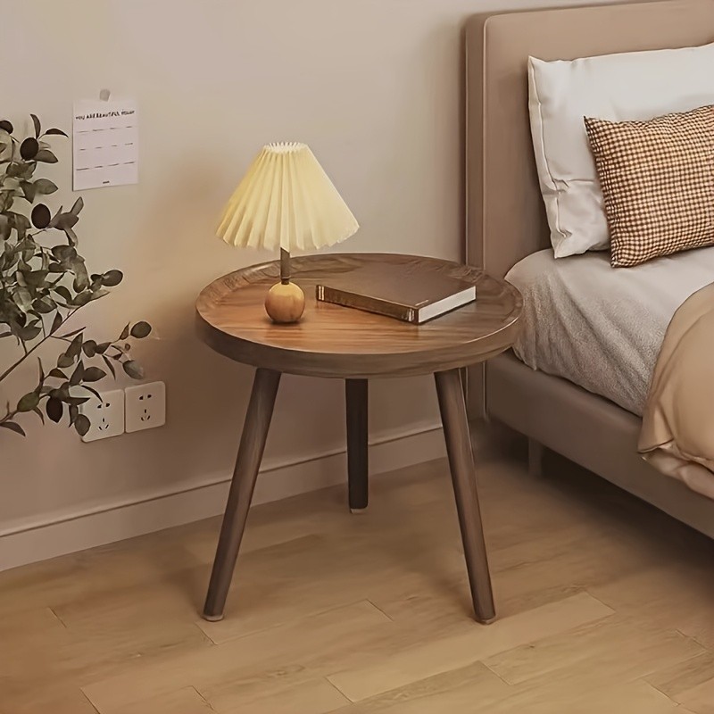 HAOZCL Round Side Table with Storage Rack Vintage Hardwood Coffee Table with Geometric Pattern Top for Living Room, Bedroom, and Balcony