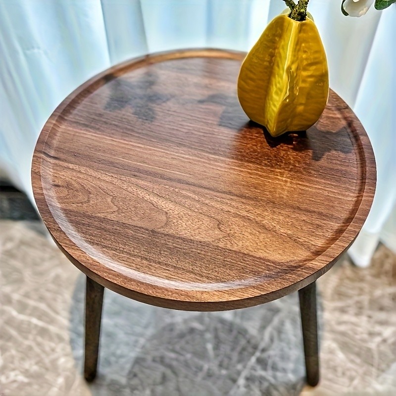 HAOZCL Round Side Table with Storage Rack Vintage Hardwood Coffee Table with Geometric Pattern Top for Living Room, Bedroom, and Balcony