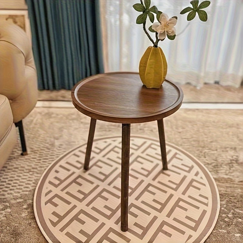 HAOZCL Round Side Table with Storage Rack Vintage Hardwood Coffee Table with Geometric Pattern Top for Living Room, Bedroom, and Balcony