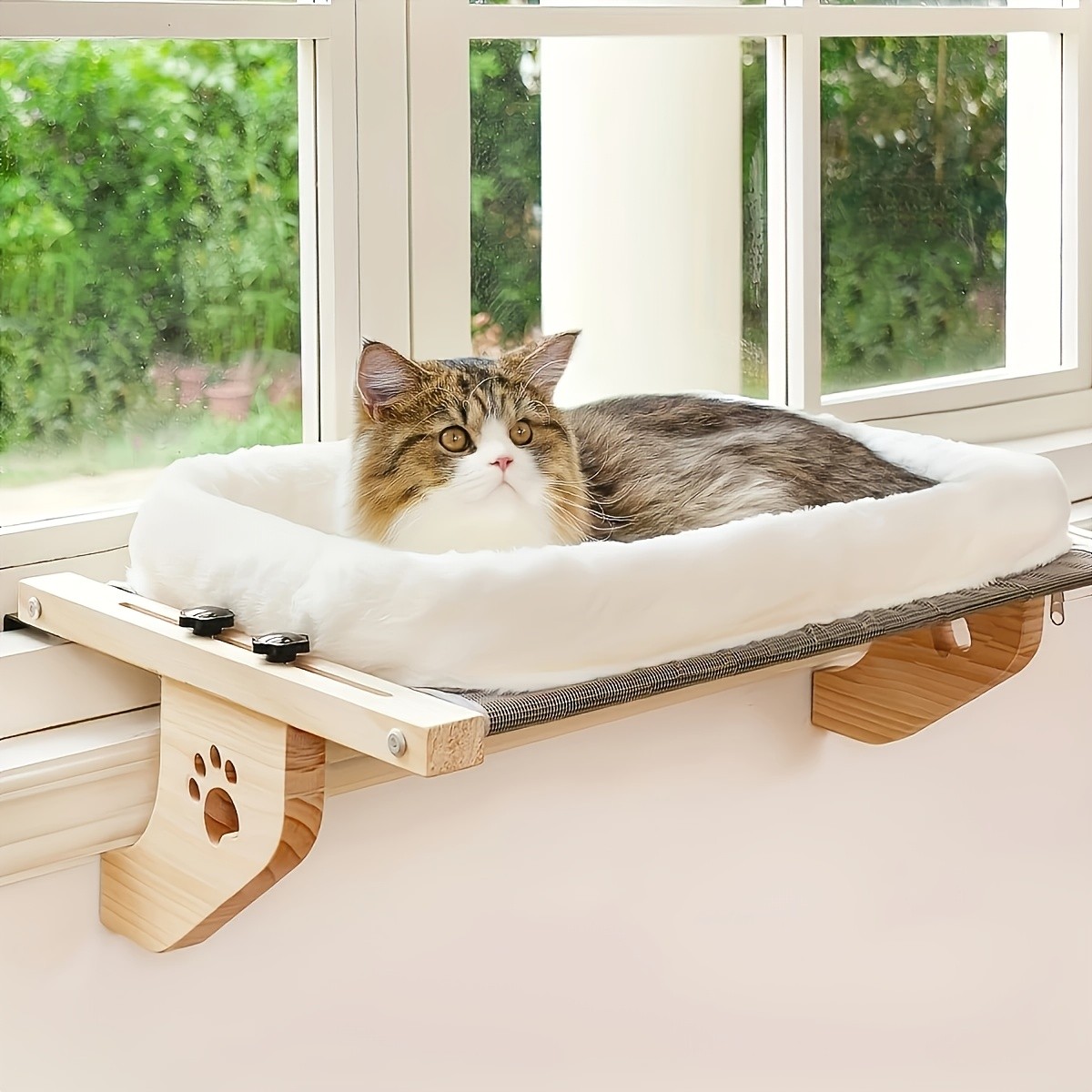 HAOZCL Cozy Cat Hammock Bed with Paw Print Design  Soft Plush Lining and Sturdy Wooden Frame for Indoor Cats to Sunbathe and Relax