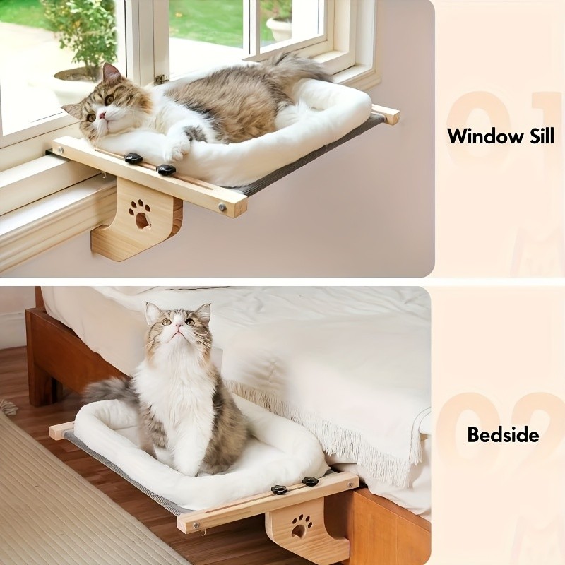 HAOZCL Cozy Cat Hammock Bed with Paw Print Design  Soft Plush Lining and Sturdy Wooden Frame for Indoor Cats to Sunbathe and Relax