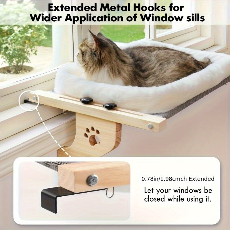 HAOZCL Cozy Cat Hammock Bed with Paw Print Design  Soft Plush Lining and Sturdy Wooden Frame for Indoor Cats to Sunbathe and Relax