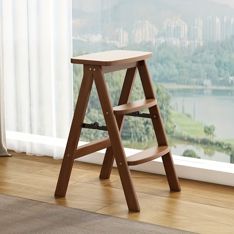 HAOZCL Multi-Functional 3-Tier Folding Step Stool Portable Ladder with Natural Finish for Home, Office, and Outdoor Use