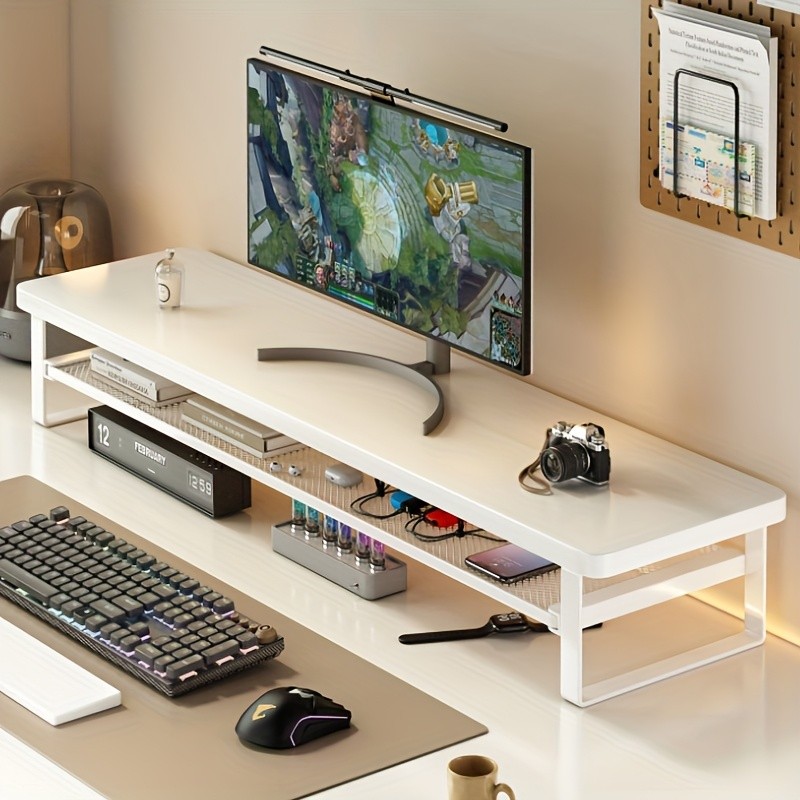 HAOZCL Dual-Layer Computer Desk Stand with Storage Drawers Heavy-Duty, Space-Saving Workstation with Monitor Stand & Keyboard Tray